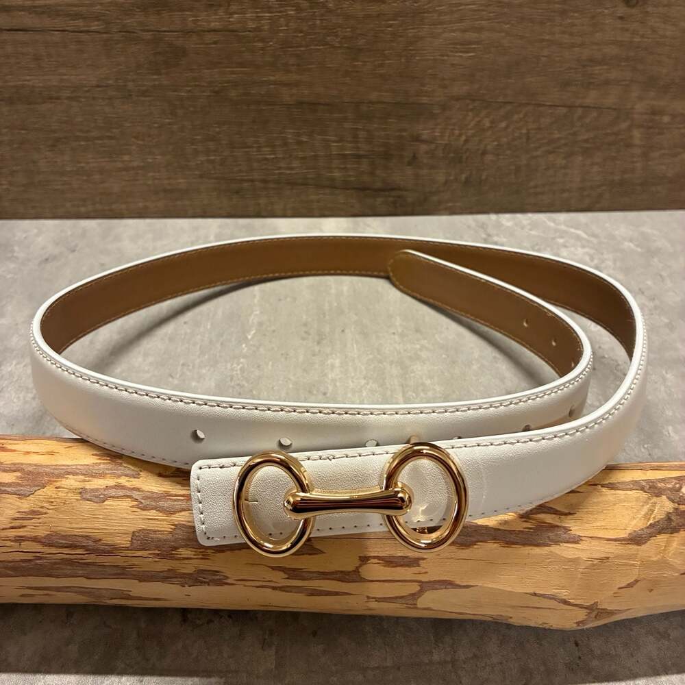 Vintage Epsom Swift Style Women's white Skinny Leather Belt with Gold Heritage H